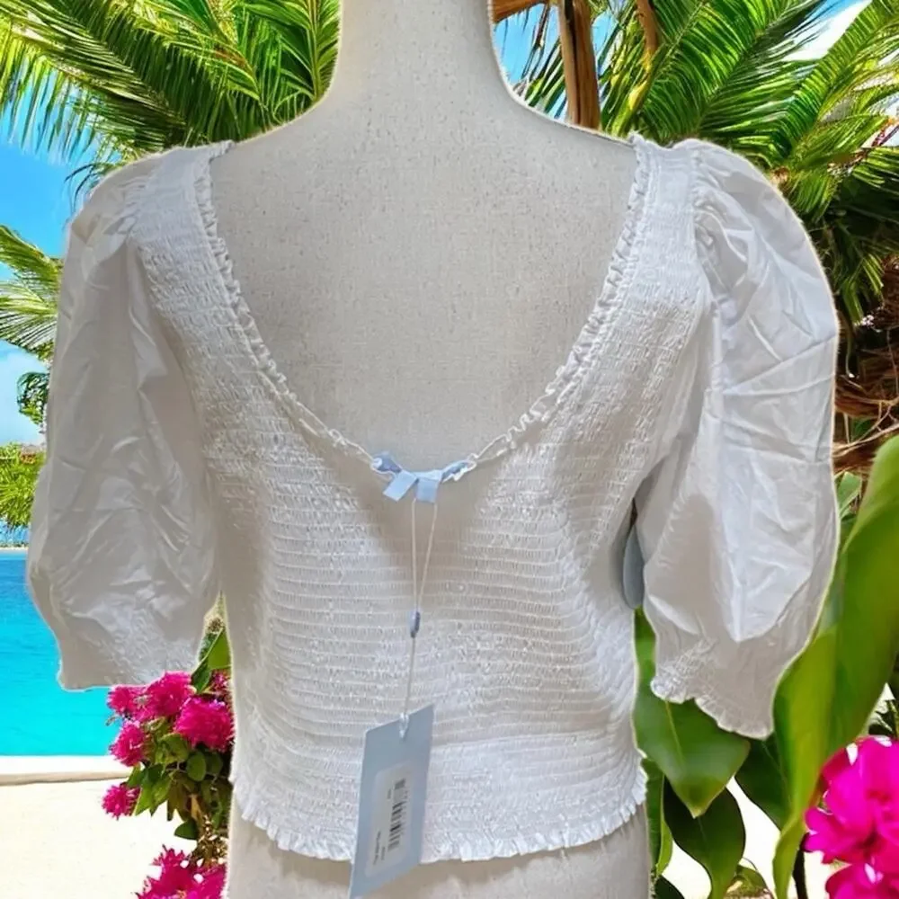 NWT Hill House The Aiko Smocked Cropped  Cotton Nap Top in White size XXL